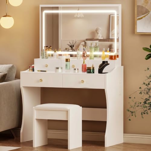 Image of COMHOMA Vanity Desk with LED Lights Mirror & Power Outlet, Small Makeup Vanity Table Set with 5 Storage Drawers, 3 Lighting Modes & Adjustable Brightness, Dressing Table for Women Girls Bedroom, White