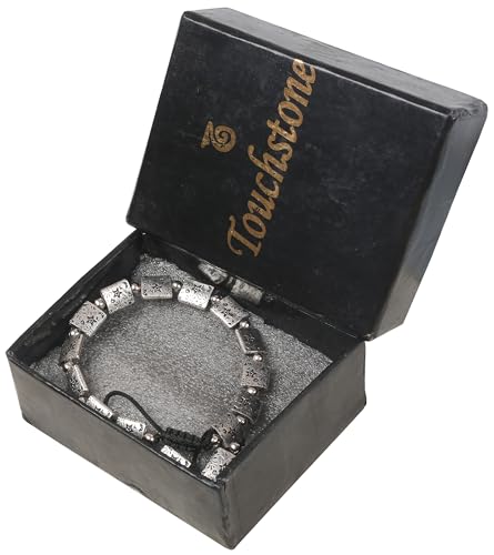Image of Touchstone Indian Bollywood Handcrafted Nicely Engraved Star Floral Inspired Rectangle Round Style Definition Designer Jewelry Thread Adjustable Bracelet in Oxidized Silver Tone for Women