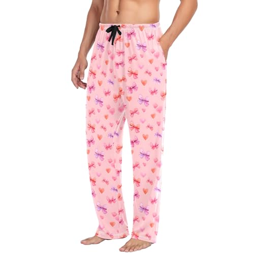 Mens Cotton Pajama Pants Sleep Lounge Pj Bottoms Sleepwear with Pockets Drawstring S Watercolor Bow Heart4