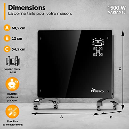 tresko® radiateur electrique mobile avec app & wifi | chauffage electrique mural intelligent | convecteur | radiateurs electriques chauffage au sol ou mural (noir / 1500 w)