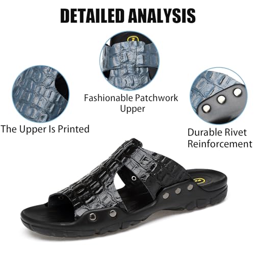 Men'S Genuine Leather Alligator Printed Flat Sandals Fashion Round Open Toe Slip-On Soft Sole Male Slide Sandals Summer Leisure Non-Slip Beach Sandals3
