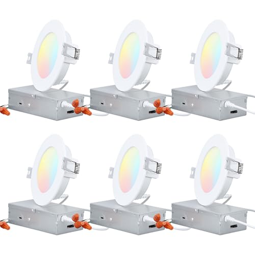 TORCHSTAR 4 Inch Slim LED Recessed Lighting with J-Box, 2700K/3000K/3500K/4000K/5000K Selectable, CRI 90+, 700LM Dimmable 5CCT LED Downlight, ETL & Energy Star Listed, Pack of 6