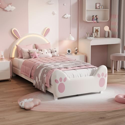 Générique Lit pour Enfant Rembourré 90x200 cm, Lit Simple pour Fille avec LED,Cadre de Lit avec Oreilles de Lapin,Tête de lit Réglable,Sommier à Lattes,pour...