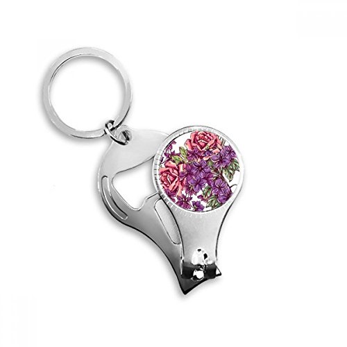 Porte-clé anneau multi-fonction avec coupe-ongles décapsuleur motif feuille fleur