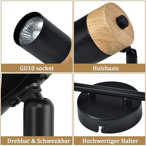 Glitzerlife lampa sufitowa z reflektorem drewnianym 2 płomienie - lampa sufitowa czarna GU10 LED obrotowy 330° reflektor do przedpokoju garażu salonu sypialni kuchni bez źródła światła