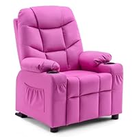 MCombo Big Kids Recliner for Ages 3+, Child Reclining Chair, Toddlers Recliner Sofa with Cup Holders (Faux Leather, Pink)