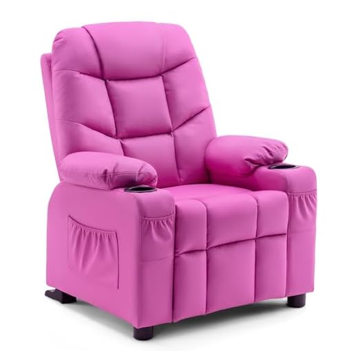 Mcombo Big Kids Recliner Chair with Cup Holders for Boys and Girls Room, 2 Side Pockets, 3+ Age Group, Faux Leather 7366 (Pink)