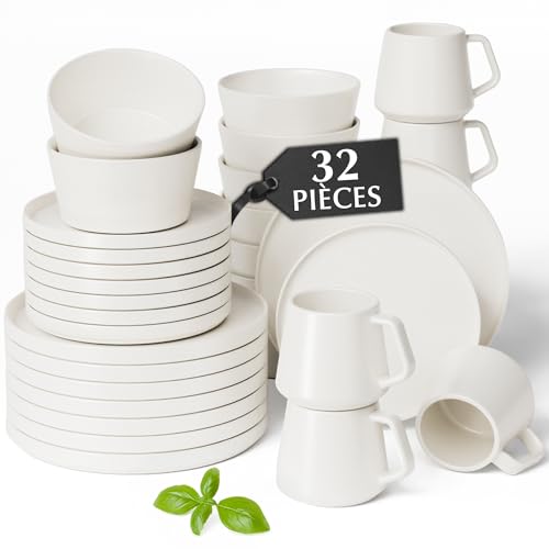 MIAMIO - Services de vaisselle pour 8 / Ensemble de 32 pièces en grès moderne/Vaisselle – Passe au lave-vaisselle et au micro-ondes – Collection Luxe (blanc, 32x)