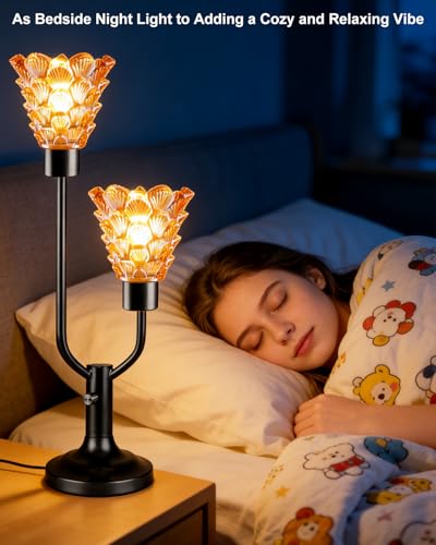 Image of Lightdot Mid Century Modern Table Lamp Dimmable Vintage Black Lamp Gift | Amber Glass Desk Lamp 2 Bulbs Included 3000K Warmwhite Ambient Nightstand Bedside Lamps for Bedroom Living Room Home Decor