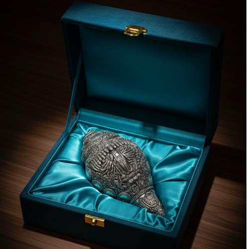 Image of Silver Plated Virat Roop Vishnu Shankh - 8.5 Inches Antique Finish Decorative Conch Shell with Detailed Religious Engravings - Vastu Pooja Item for Home Mandir - Symbol of Wealth and Luck