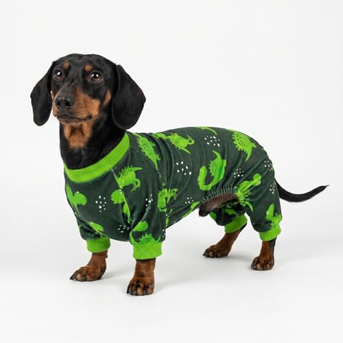 Image of Fitwarm Dinosaur Dog Fleece Pajamas, Warm Clothes for Small Dogs Boy, Cozy Pet Onesie with Feet, Dark Green, Bright Green, XS