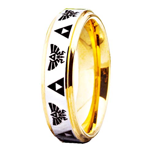 CLOUD DANCER Crest and Triforce Ring Game-Themed Laser Pattern Ring 6mm Silver Surface and Golden Step Tungsten Carbide Wedding Bands Ring - FREE Custom Engraving