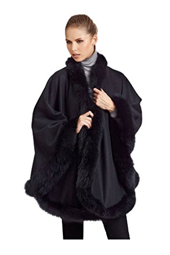Cashmere Pashmina Group: Cashmere Cape With Genuine Fox Fur Trim All Around- Black #TOP4