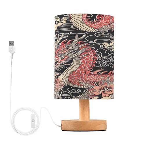 SDMKA Chinese Red Dragon Bedside Table Lamp for Bedroom, Minimalist Nightstand Lamp with Round Fabric Shade for Living Room, Office, No Bulb Required