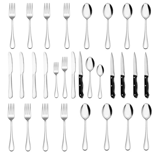 CALIYO Besteck Set, 24-teiliges Besteck Set mit Steakmesser für 4 Personen mit Messer Gabel Löffel, Hochwertiges Edelstahlbesteck...