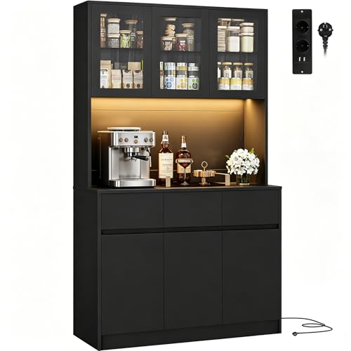 Wumagin Alacena de Cocina, Armario Despensa Cocina con regleta y Tira de Luces LED, Aparador Comedor con Estantes Regulables (Negro)