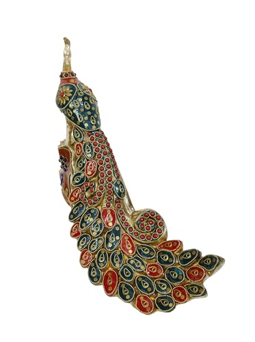 Image of Brass Vintage Peacock Figurine with Colorful Stonework 11.5-Inch - Traditional Indian Mayur Bird Statue, Majestic Tabletop Showpiece for Living Room