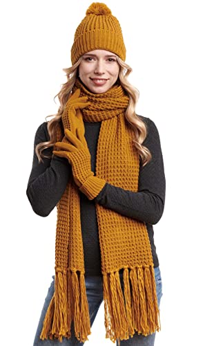 Hilltop Conjunto de Invierno de 3 Piezas Compuesto por Bufanda Tejida, Gorro y Guantes de Punto, Bufanda para Mujer XXL con Flecos con Gorro con Borla, conjunto de invierno:curry