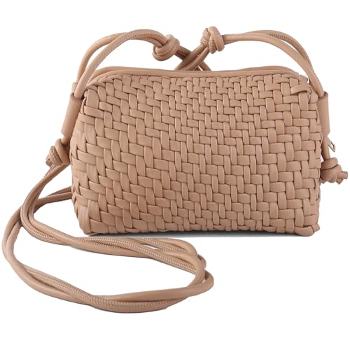 Crossbody Bag for Women Trendy Woven Purse Vegan Leather Small Shoulder Handbags with Strap (Apricot)