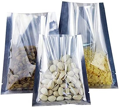 100 Pieces 12x17cm (4.7x6.7inch) Clear front Silver Mylar Foil Bags, Open Top Vacuum Heat Seal Foil Bags, Food Storage Pouches| Sample Bags for snacks