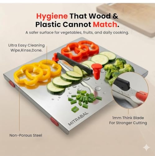 Image of Stainless Steel Chopping Board with Knife Attached, Large | Steel Cutting Board for Kitchen, Vegetable Chopping Board