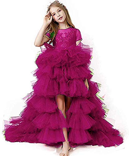 Girls High Low Pageant Ball Gown Appliques Kids Puffy Tulle First Communion Dresses AR237