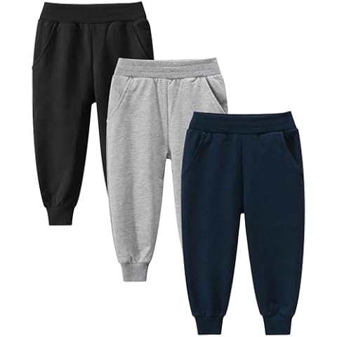 GFQLONG Toddler Boys 3 Pack Cotton Active Jogger Sweatpants,Kids Casual Athletic Solid Pocket Pull On Pants,Grey+Black+Navy Cover