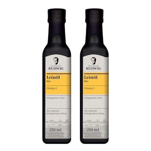 Dr. Budwig Leinöl Bio kaltgepresst (2x 250ml) - Omega 3 hochdosiert aus Bio Leinsamen - ungefiltert aus 100% nachhaltigem Anbau- veganes Leinsamenöl - flüssig - naturrein - Öl für Kinder