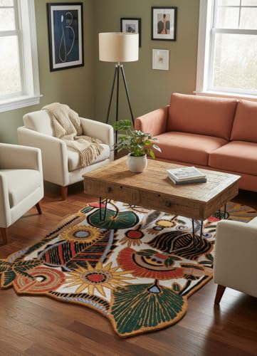 Image of Restoration and Renovation Handmade Floral and Geometric Pattern Wool Area Rug - Luxurious Vintage Style Accent Carpet for Living Room, Bedroom, Dining Room Decor (Multi A, 5' x 8')