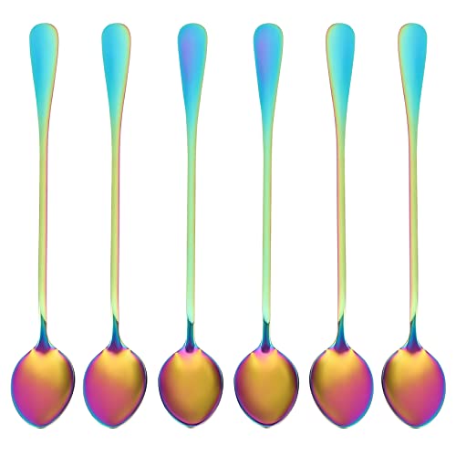 Roundsky Kaffee Teeloeffel, Satz Von 6 Regenbogenfarbe Kaffeeloeffel Lang- Eiscreme Dessert Loeffel Stir Loeffel Ruehrloeffel, Spitzkopf Cover