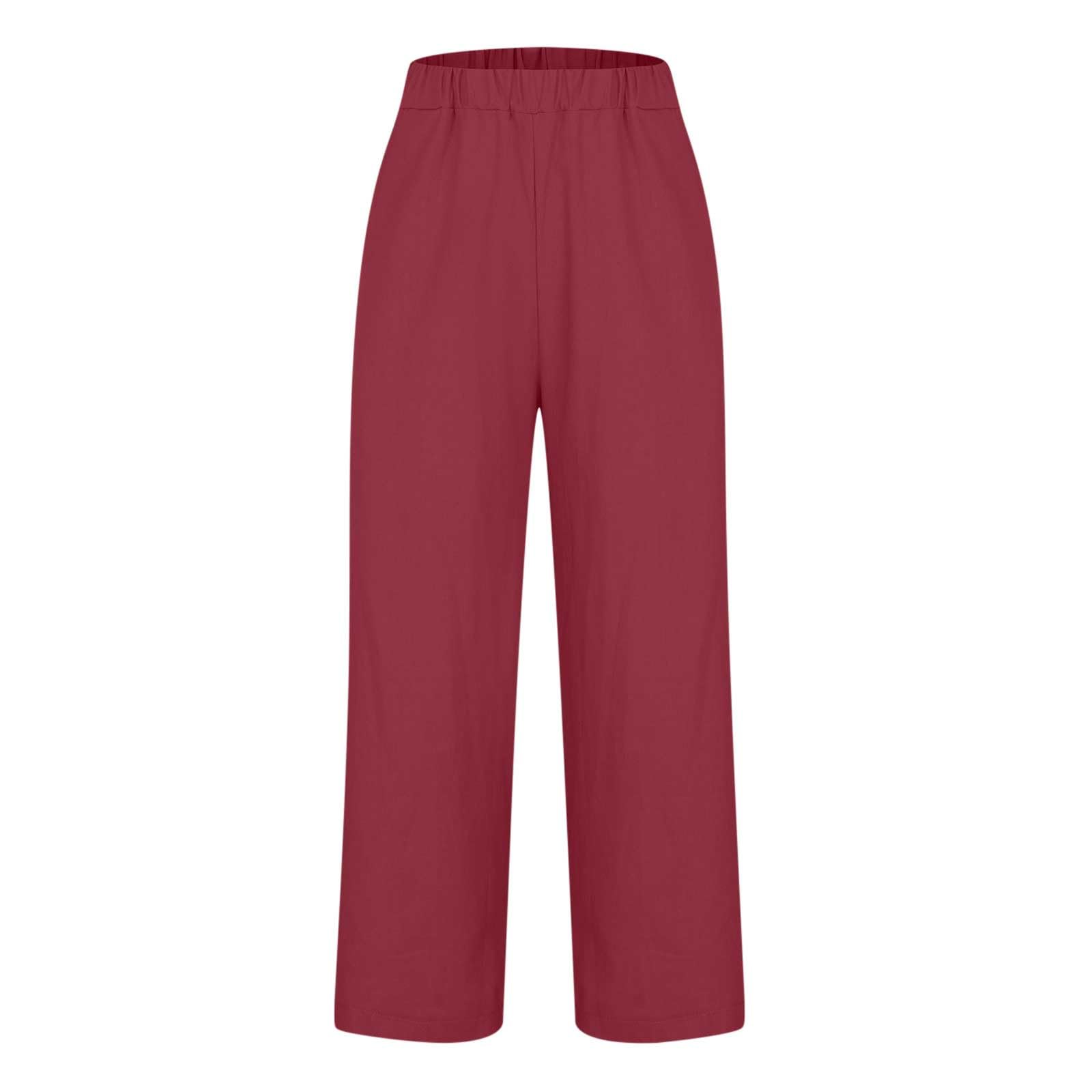 Women's Casual Boho Cotton Linen Pants Summer Spring Baggy Beach Trousers Elastic Waist Drawstring Straight Leg Pant Red