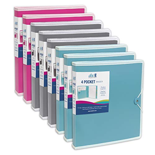 DocIt 4 Pocket Binder, Multi Pocket Folder and 1-inch 3 Ring Binder, Perfect for School, Office and Project Organization, Holds 300 Letter Size Papers, 8 Pack of Assorted Colors (00939)