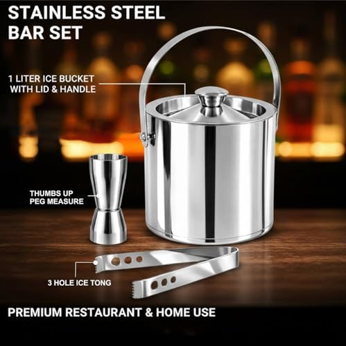 Image of finality Premium Stainless Steel Ice Bucket with Tongs and Jigger - 1 Litre Double Walled Insulated Ice Box for Bar, Home & Parties (Silver Mirror IB + Tong + Jigger)