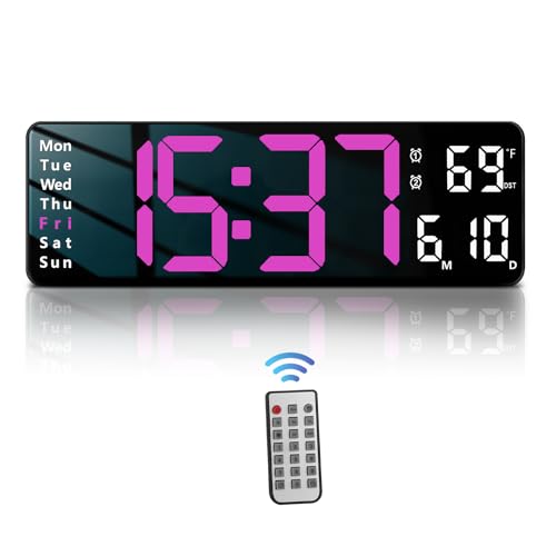 Image of JoFomp Digital Wall Clock - 13 inch Large LED Display, Loud Alarm, Remote Control, DST, Auto-Dimming, Date and Day, Timer, Temperature - 12 /24H Format - Ideal for Living Room, Bedroom (Pink)