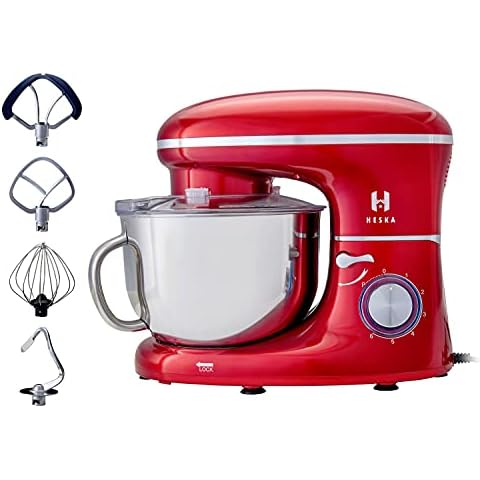Heska -1500W Food Mixers for Baking Dough Mixer Mixer, 4-in-1 Beater/Whisk/Dough Hook and Extra Flex Edge Beater - Large Mixing Bowl with Splash Guard (Dishwasher Safe attachments) (Red) Cover
