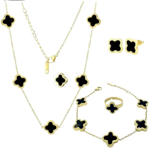 OSIRIDEH2 Clover Jewelry Set 18K Gold Plated Flower Design Stainless Steel Necklace for Women, Elegant Floral Style Necklace Bracelet Jewelry Gift (Black 4pcs)