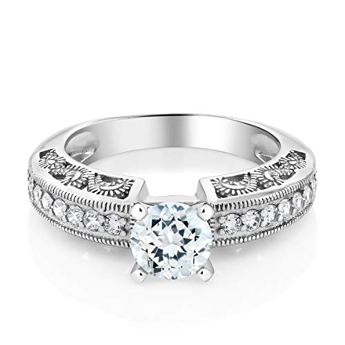 Gem Stone King 925 Sterling Silver Sky Blue Aquamarine Engagement Filigree Ring For Women (1.34 Cttw, Round 6MM, Gemstone March Birthstone, Available In Size 5, 6, 7, 8, 9)2