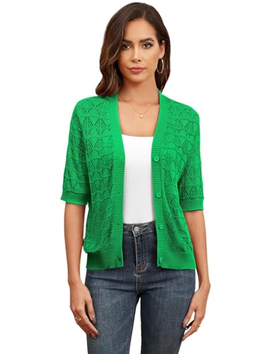 Genhoo Cropped Cardigan Sweaters for Women Short Sleeve Crochet Knit Bolero Shrug V-Neck Button up Hollowed-Out Knit Sweater2