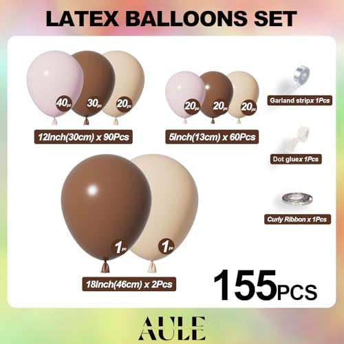 Image of AULE Brown Balloon Arch Kit 155Pcs Light Pink Beige Balloons | Coffee Brown Balloons Garland for Birthday Graduation Neutral Woodland Anniversary Teddy Bear Shower Theme Party Decoration
