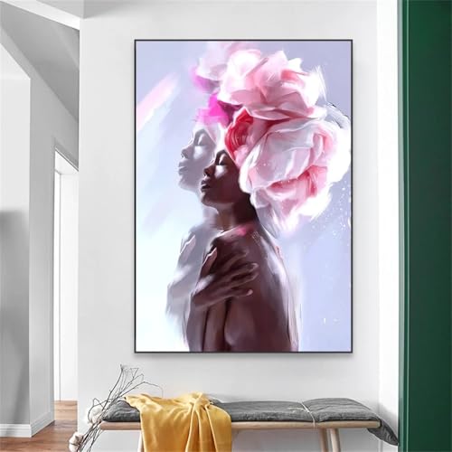 Peinture toile femme noire et rose pour personnaliser un mur de chambre vide