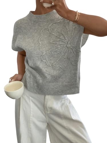 GORGLITTER Strickpullover Damen Kurzarm Pullunder Strickweste Mit Blumen Strickoberteile Kurzarmpullover Strick Top Herbst Outfit Mode Grau L