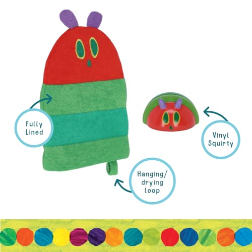 Image of Eric Carle Very Hungry Caterpillar Wash Mitt and Squirt Set and Baby Bath Time Essential - Fully Lined Adult Size Mitt with Loop to Hang Dry