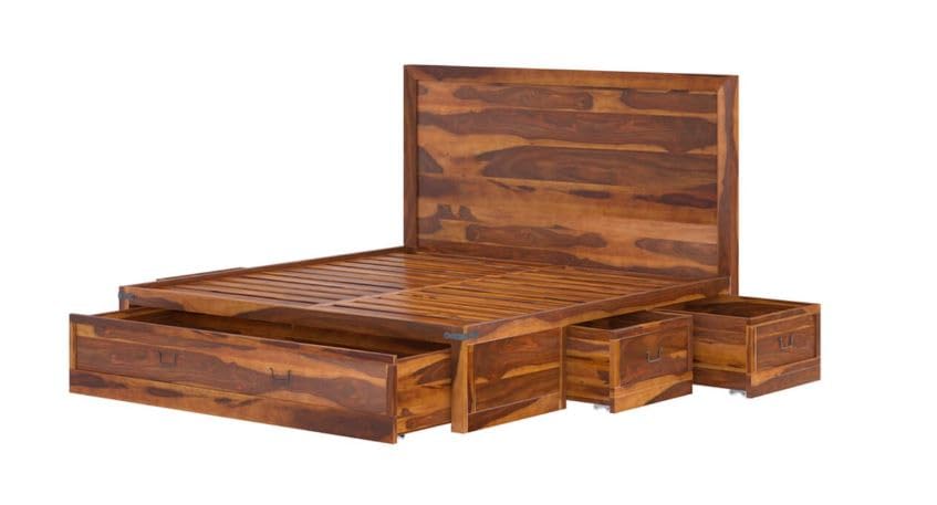Image of Arman HANDICRAFTS Mango Wood King Size Bed with Drawer Storage | Wooden Platform Bed Frame with 4 Storage Drawers | Modern Bedroom Furniture | Honey Finish
