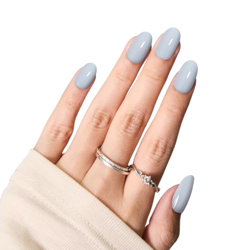 Blue Press On Nails,Soft Gel Oval Fake Nail Kit With Nail Glue,30-Piece-15 Sizes Durable Reusable Press On Nails for Women Gift(HCK414 light blue)