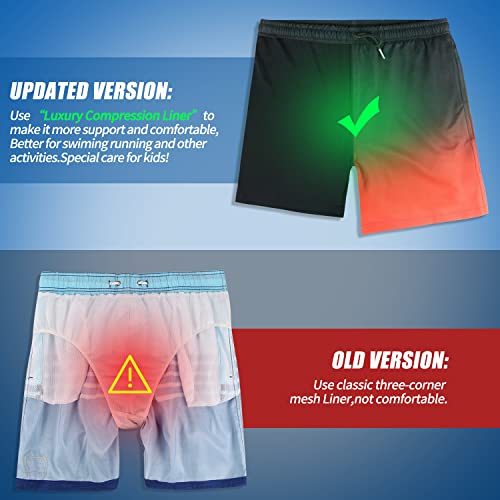 Boys Black Red Ombre Swim Trunks With Boxer Brief Liner Anti Chafe No Binding Swimming Shorts Compression Lined 4-Way Stretchy Upf Quick Dry Bathing Suit Size 14-16 #TOP3