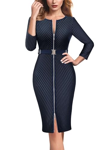 VFSHOW Womens 2025 Business Office Work Dresses Front Zipper Belted Pencil Sheath Bodycon Dress