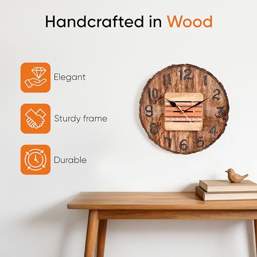 Image of AAKRITI ART CREATIONS Wall Clock Handcrafted Wooden Log Dial Natural Brown | Wall Clock for Home, Home Decoration | Warli Art Wall Hanging, Lightweight Mango Wood wall Decor | Matte Finish Wooden
