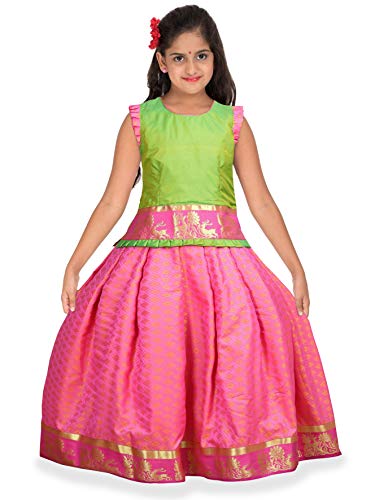 Image of kaatru Thana Girls Pavadai Set D54 - Lehenga Choli - Green & Pink