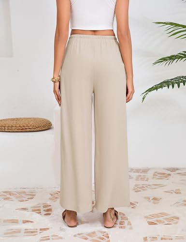 Fiona Jolin Womens Cotton Linen Pants Summer Casual Beach Pants Drawstring Flowy Wide Leg Palazzo Trousers with Pockets3