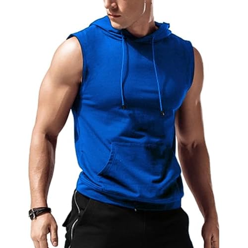 Babioboa Herren Muskelshirt Training Tanktop Workout Pullover mit Kapuze Unterhemd Gym Sports Fitness Training Blau L